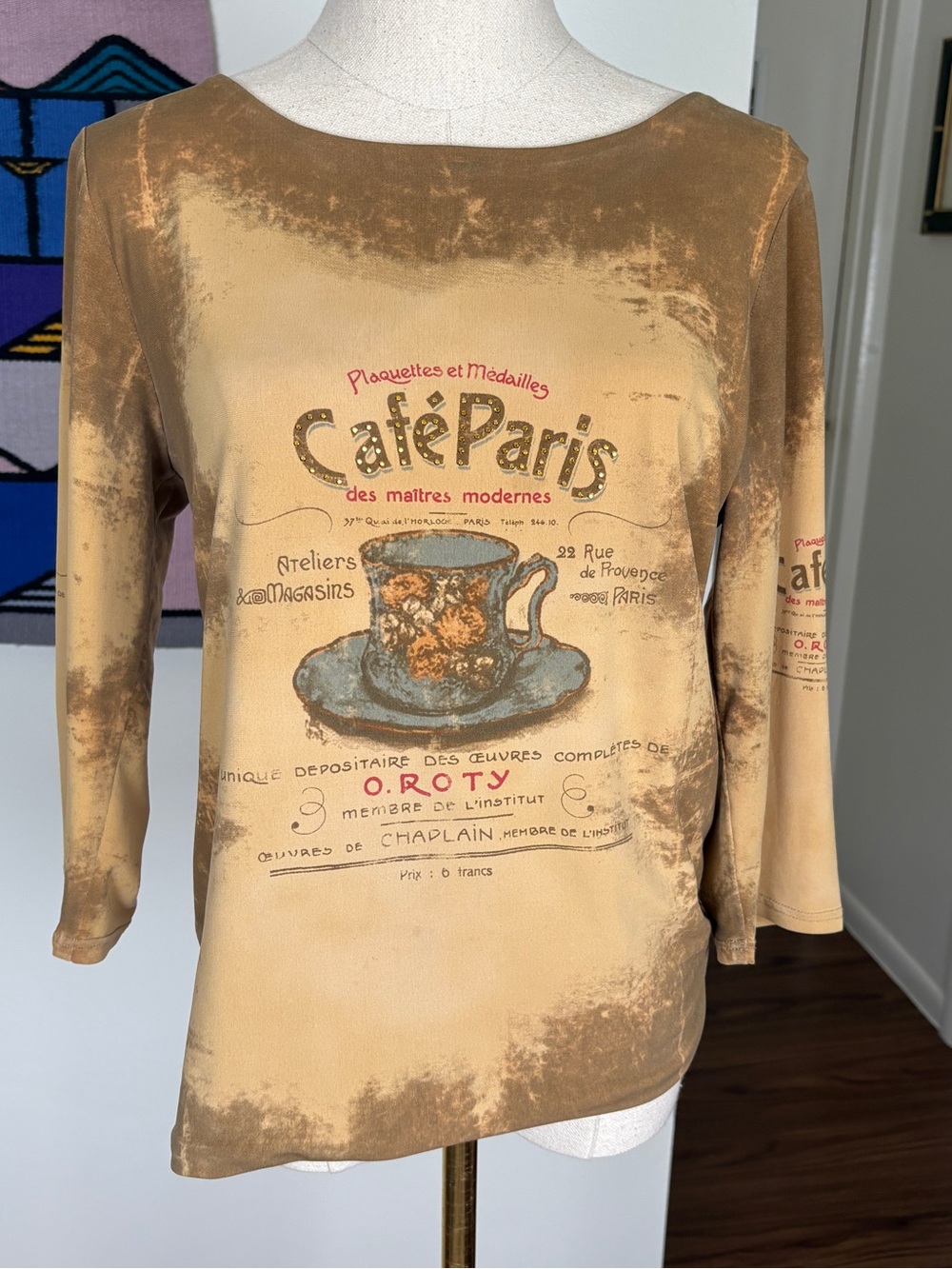 Y2K Rhinestone Paris Top with Boatneck and Quarter Sleeves